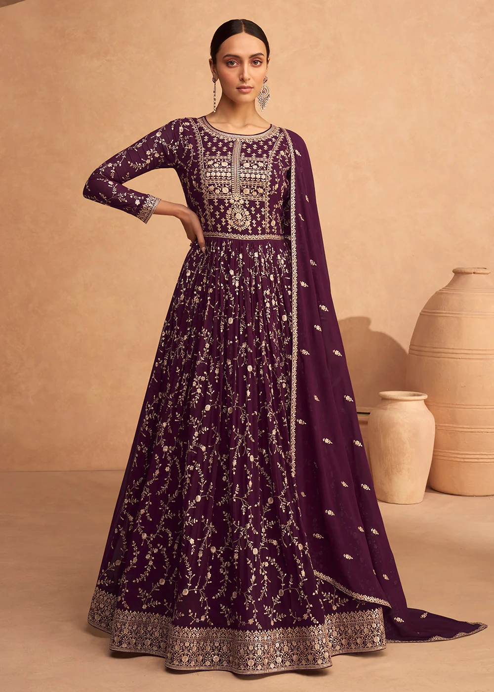 Engaging Wine Plum Georgette Wedding Festive Anarkali
