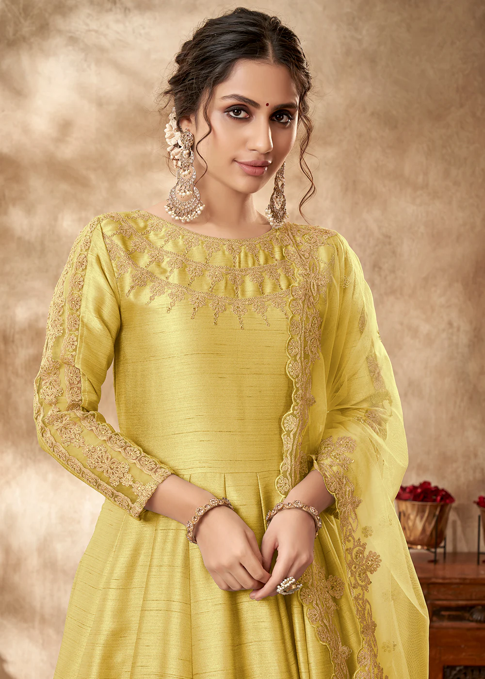 Engaging Yellow Art Silk Zari Embroidered Festive Anarkali Gown - Image 2