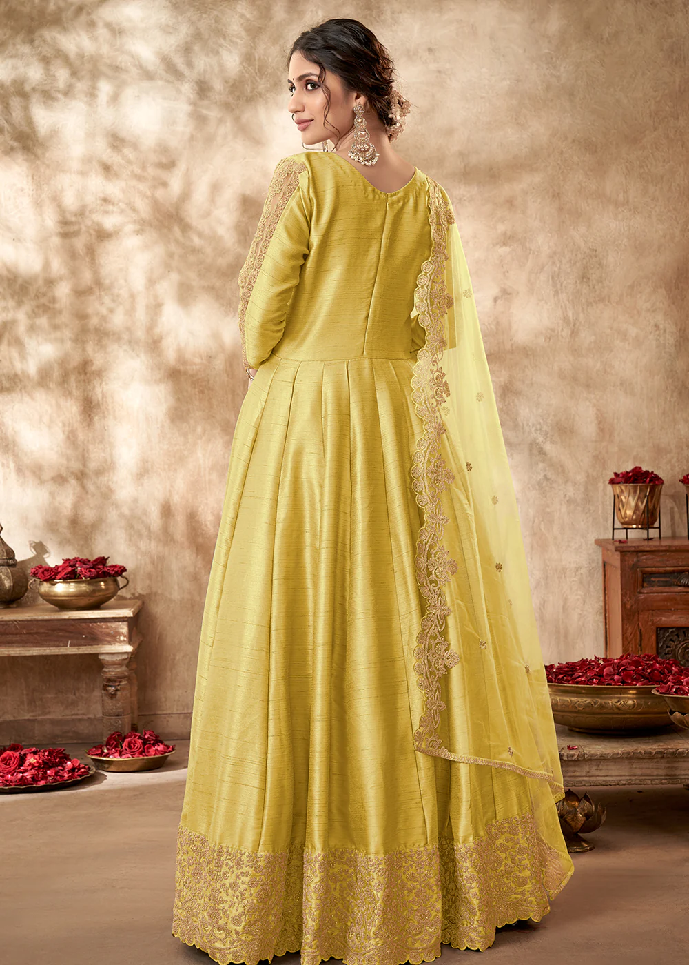 Engaging Yellow Art Silk Zari Embroidered Festive Anarkali Gown - Image 3