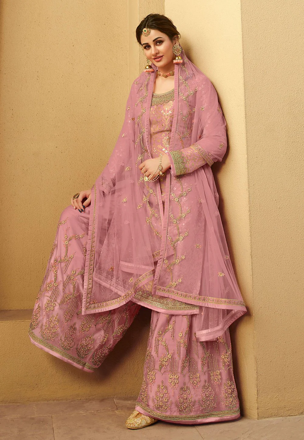 Engrossing Pink Jacquard Silk Embroidered Palazzo Suit - Image 3