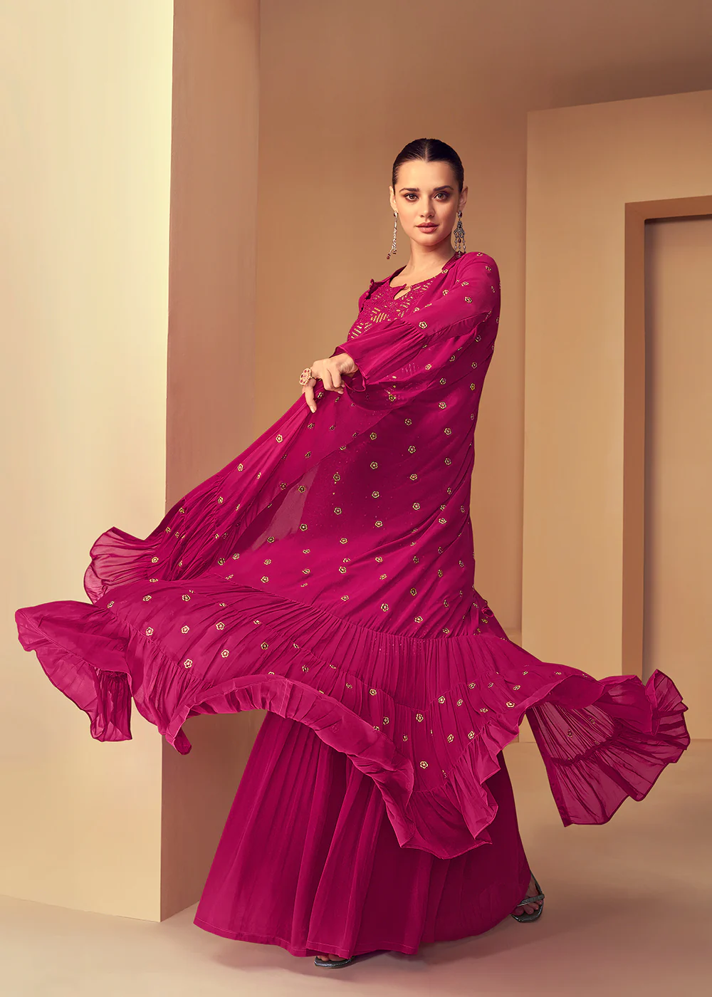 Engrossing Rani Pink Jacket Style Party Wear Indo Western Dress - Image 3