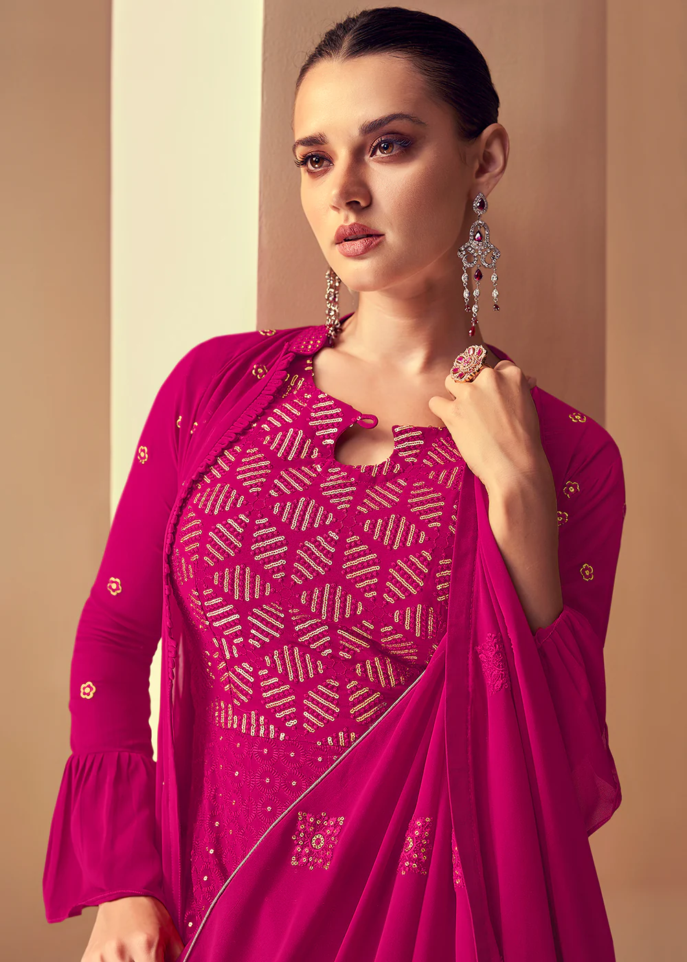 Engrossing Rani Pink Jacket Style Party Wear Indo Western Dress - Image 4