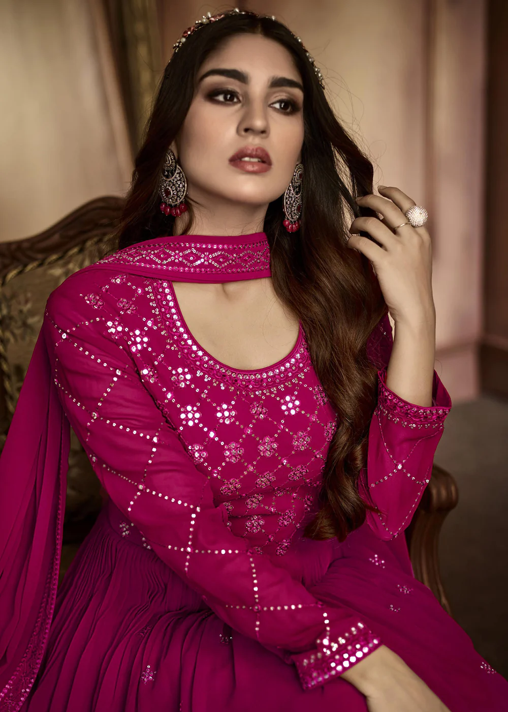 Engrossing Rani Pink Sequins Wedding Festive Anarkali Suit - Image 2
