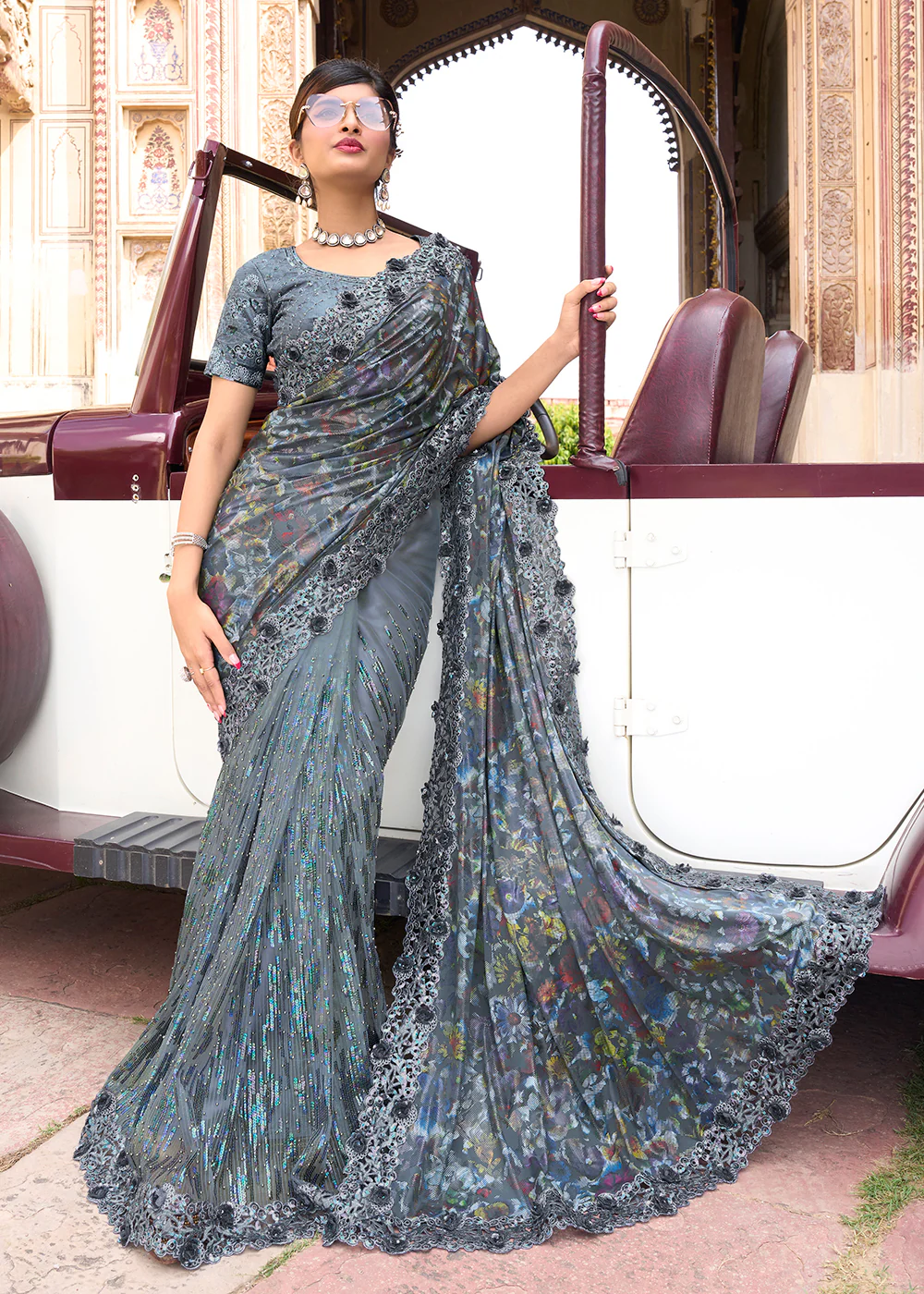 Enriching Grey Applique Net Designer Bridal Party Wear Saree - Image 3