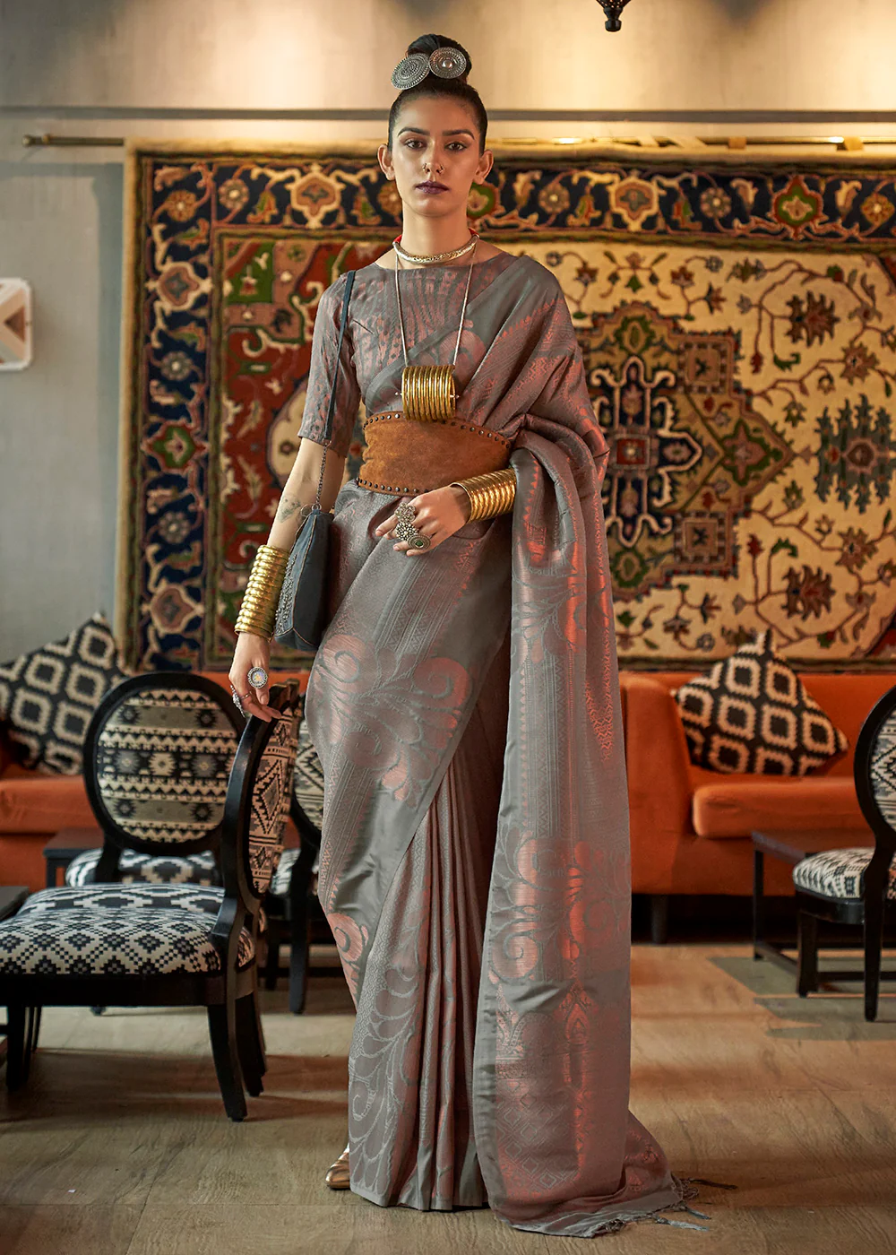Enticing Grey Blended Woven Zari Brocade Silk Saree