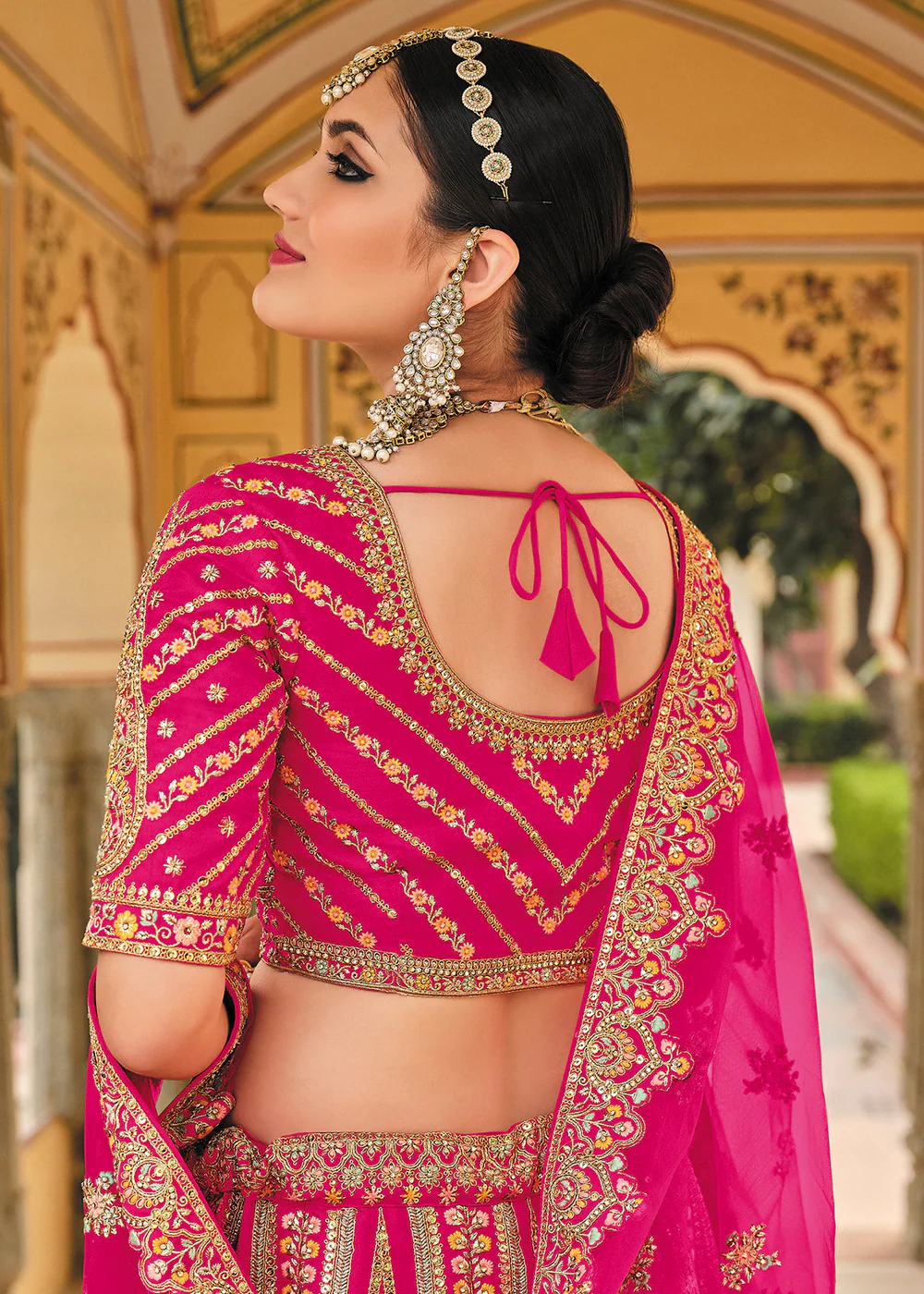 Enticing Pink Bridal Wear Heavy Embroidered Silk Lehenga Choli - Image 3