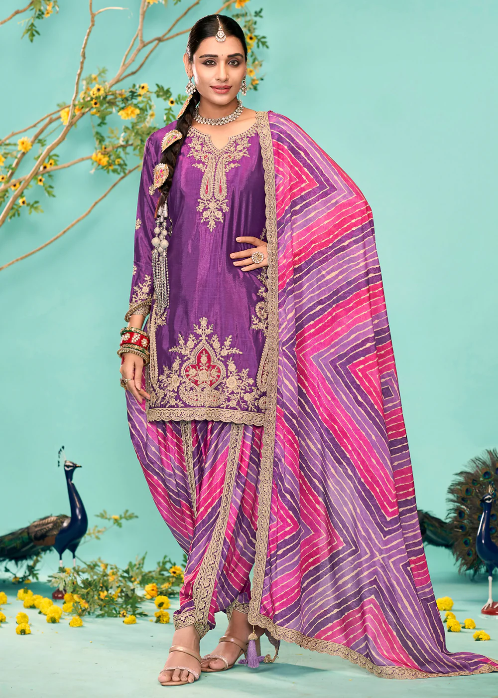 Enticing Purple Heavy Chinnon Tulip Style Dhoti Suit