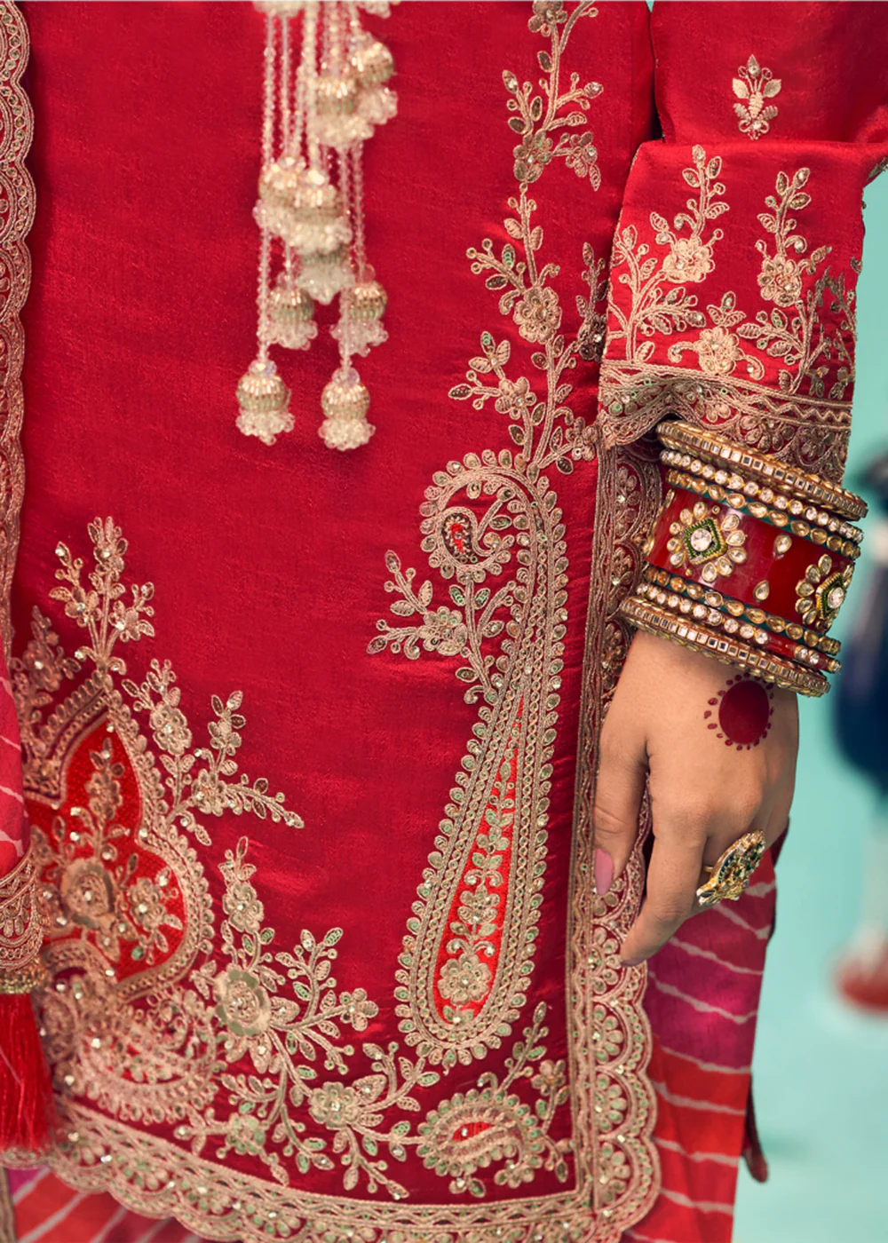 Enticing Red Heavy Chinnon Tulip Style Dhoti Suit - Image 4