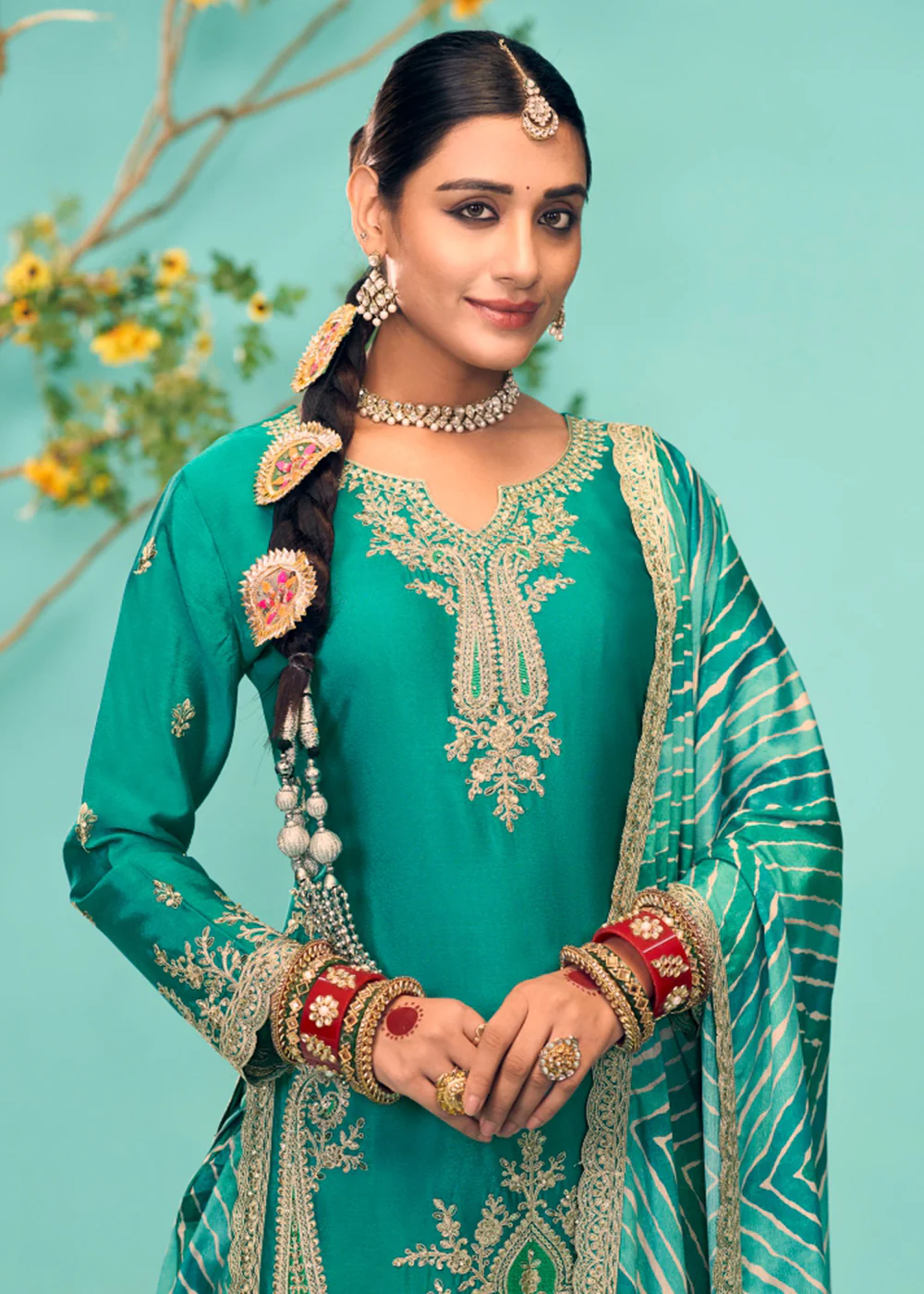 Enticing Teal Heavy Chinnon Tulip Style Dhoti Suit - Image 2