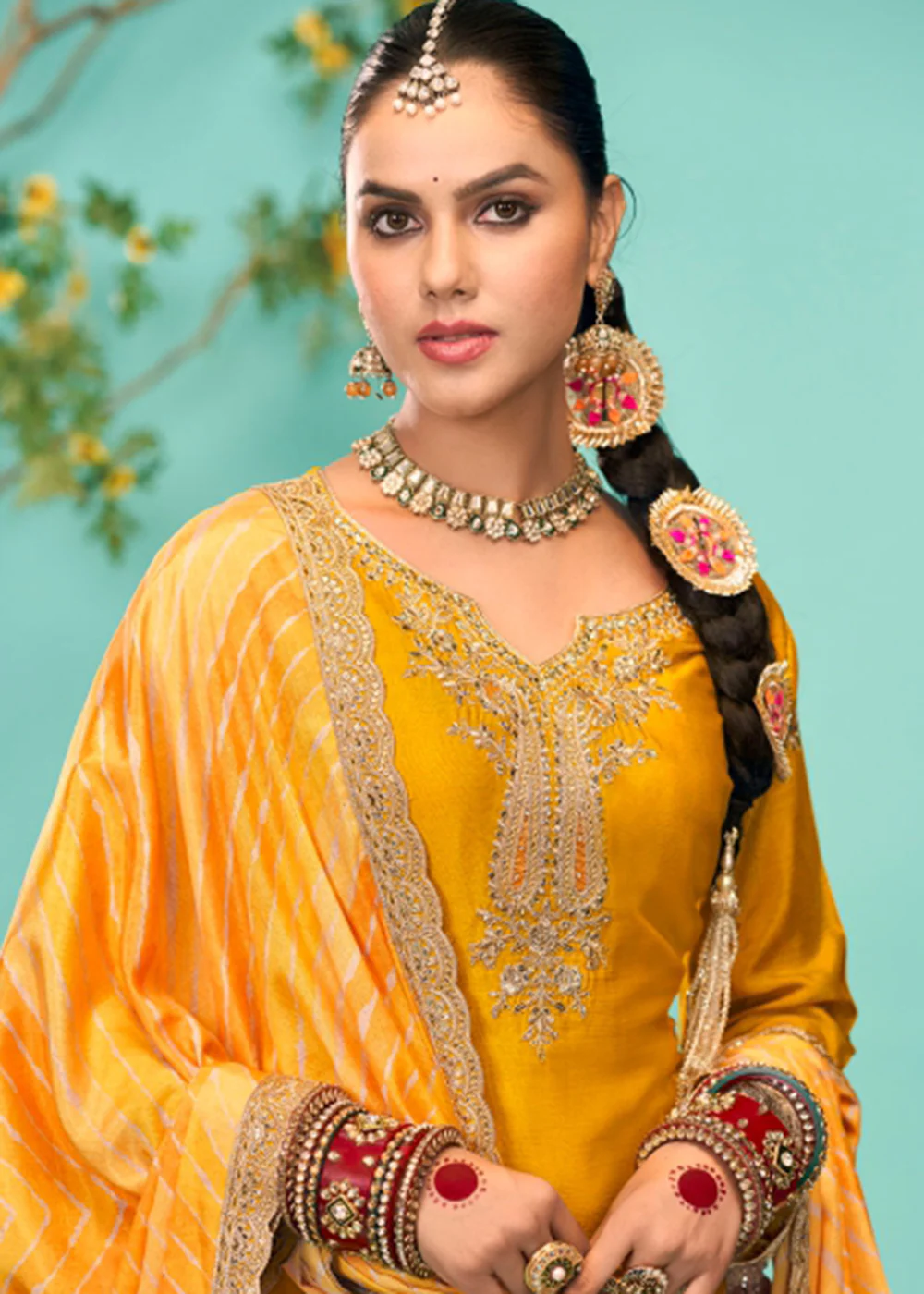 Enticing Yellow Heavy Chinnon Tulip Style Dhoti Suit - Image 2