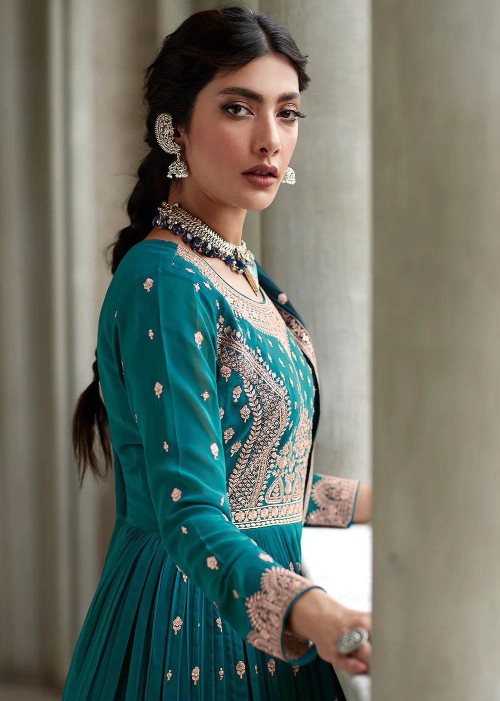 Entrancing Teal & Blue Sharara Top Style Lehenga Anarkali - Image 3