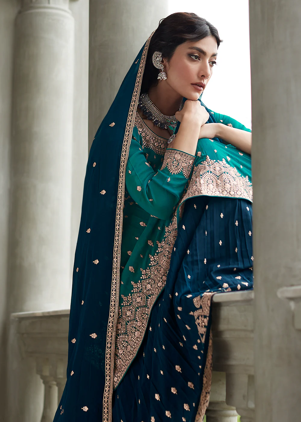 Entrancing Teal & Blue Sharara Top Style Lehenga Anarkali - Image 4