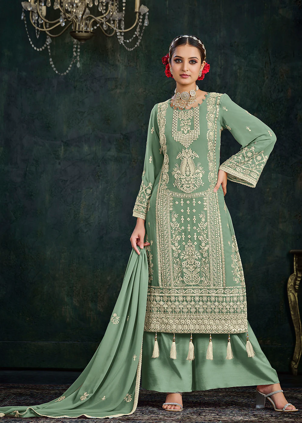 Ethereal Green Foil Mirror Embroidered Palazzo Salwar Suit - Image 3