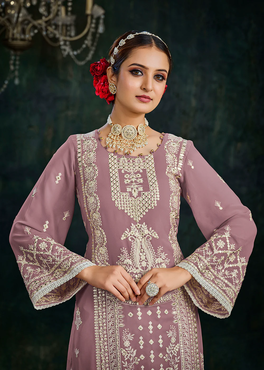 Ethereal Mauve Foil Mirror Embroidered Palazzo Salwar Suit - Image 2
