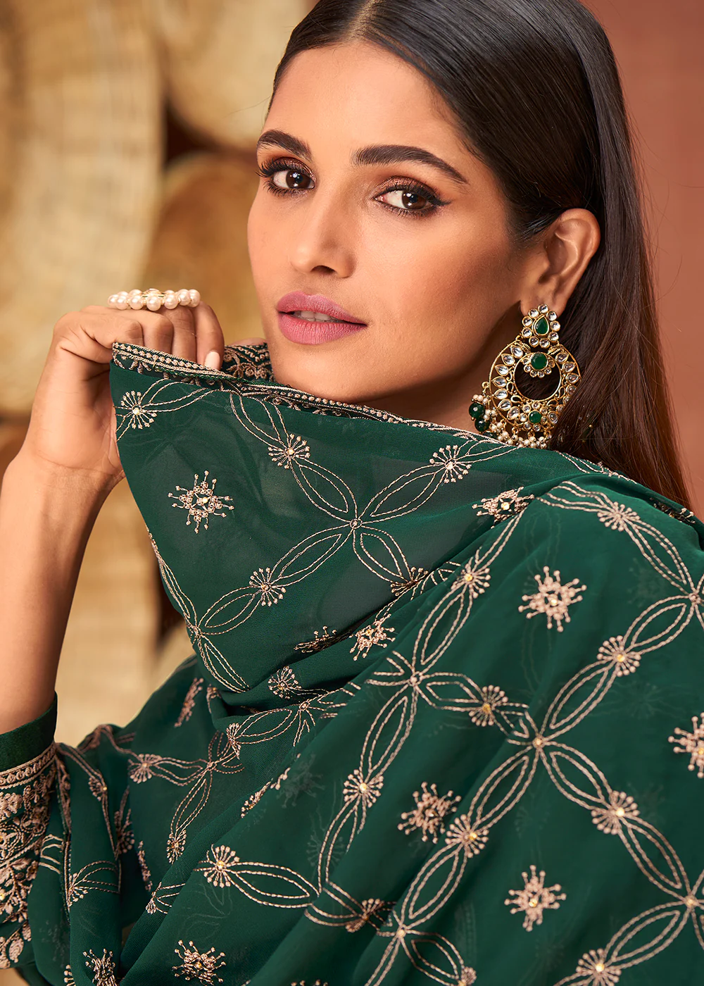 Ethnic Green Georgette Traditionally Embroidered Palazzo Suit - Image 3