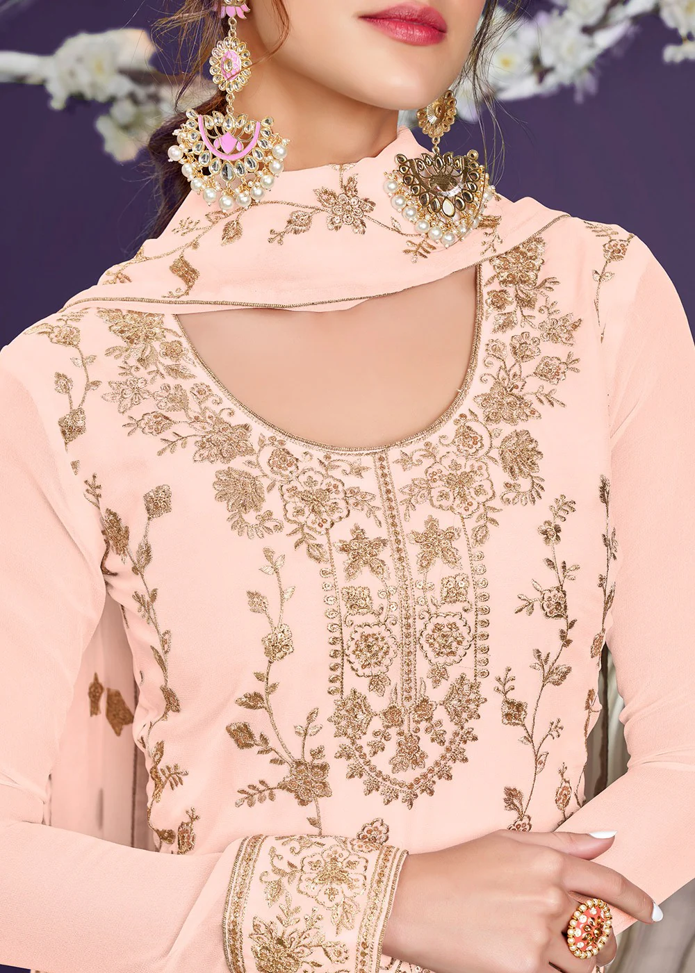 Ethnic Peach Pakistani Style Georgette Embroidered Salwar Suit - Image 2
