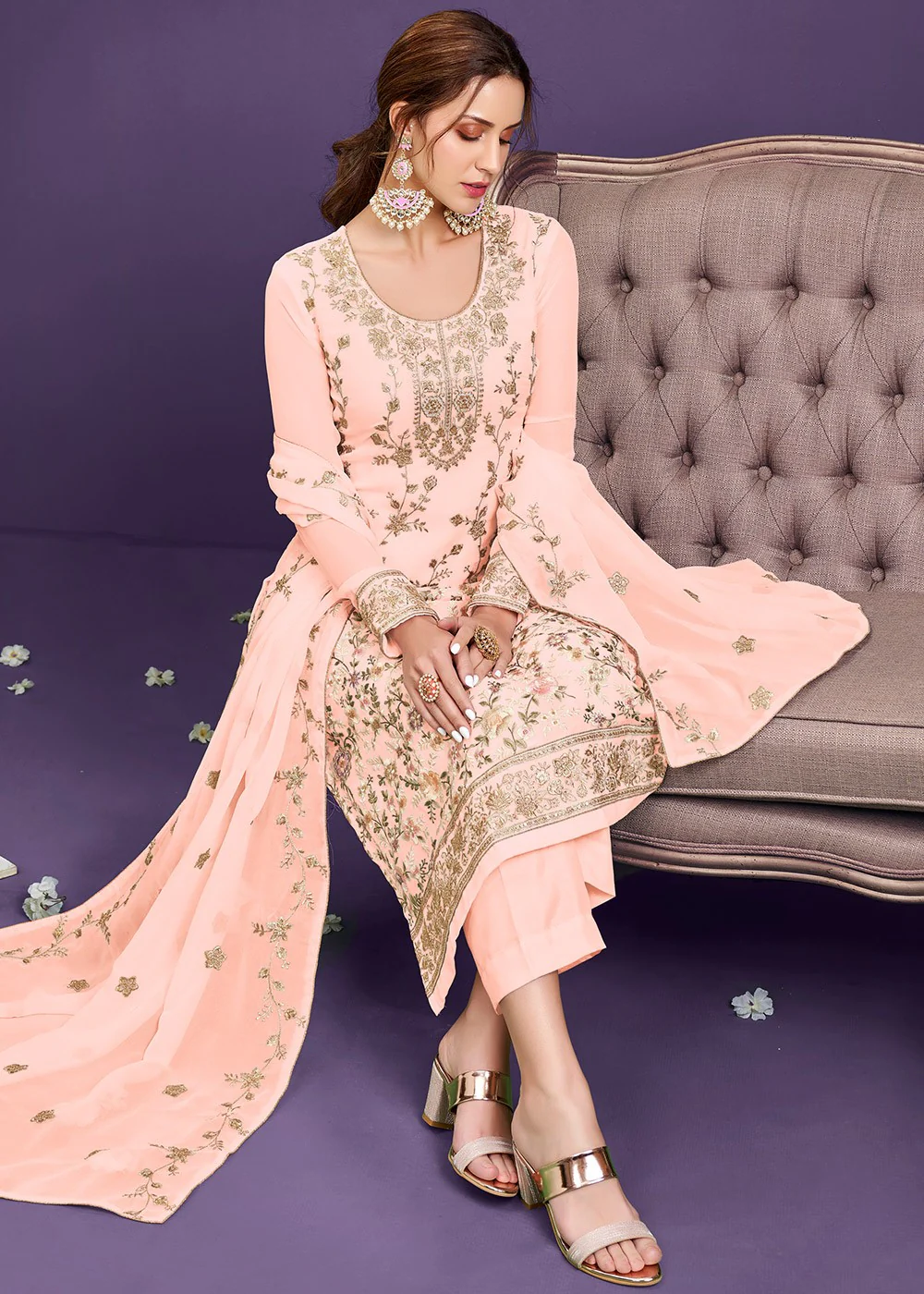 Ethnic Peach Pakistani Style Georgette Embroidered Salwar Suit - Image 3