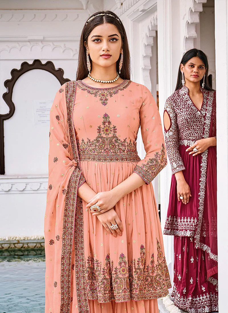 Ethnic Peach Pure Georgette Embroidered Sharara Suit - Image 3