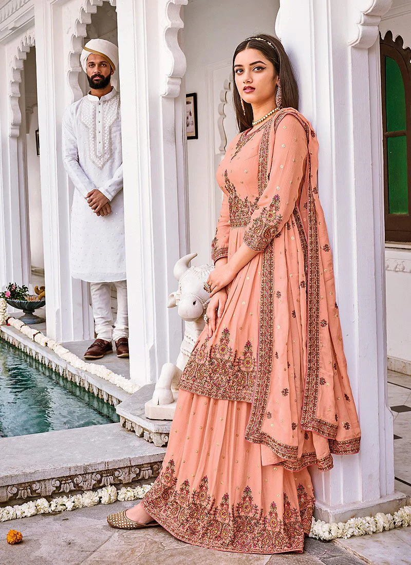 Ethnic Peach Pure Georgette Embroidered Sharara Suit - Image 4