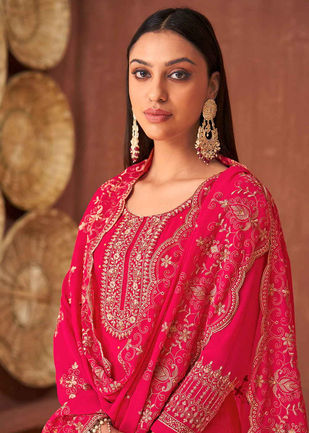 Ethnic Pink Georgette Traditionally Embroidered Palazzo Suit - Image 2