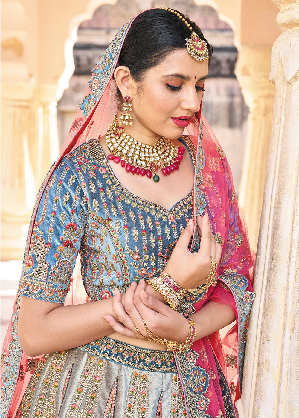 Excellent Blue Bridal Wear Heavy Embroidered Silk Lehenga Choli - Image 2