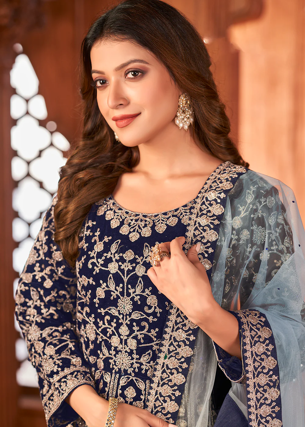 Excellent Blue Velvet Wedding Function Wear Anarkali Suit - Image 2