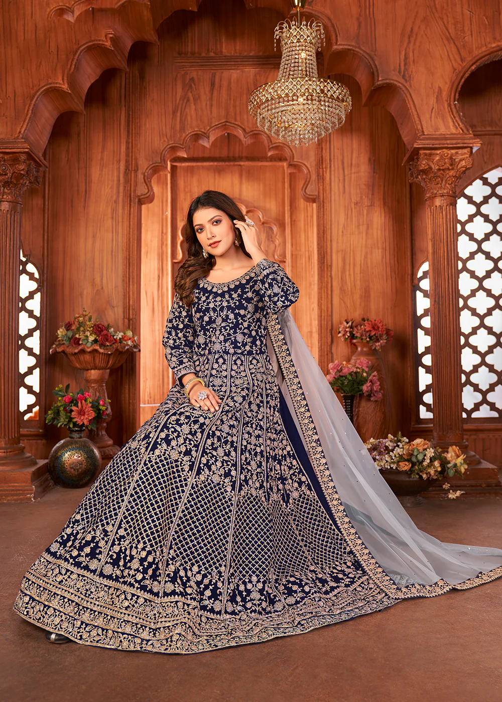 Excellent Blue Velvet Wedding Function Wear Anarkali Suit - Image 3