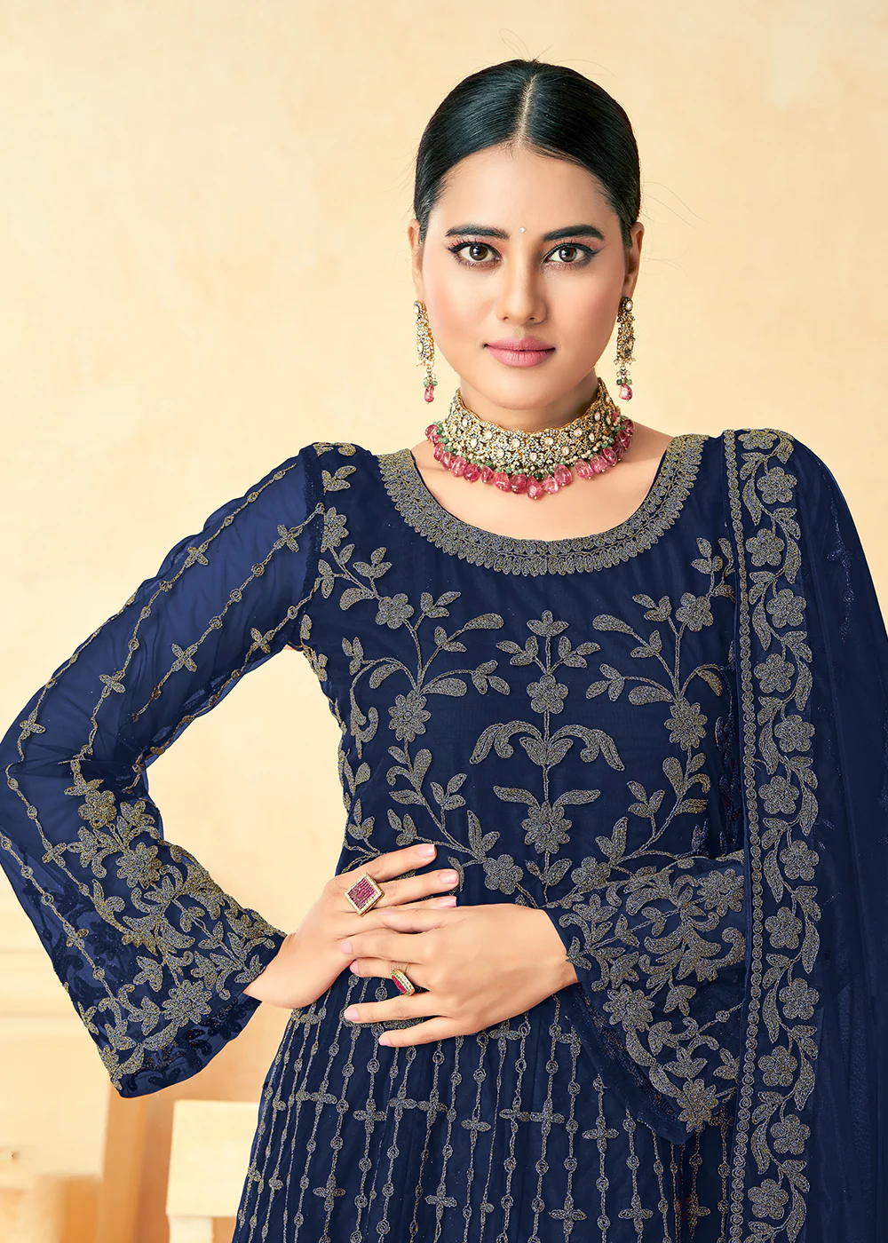 Excellent Dark Blue Net Wedding Wear Anarkali Dress - Image 2