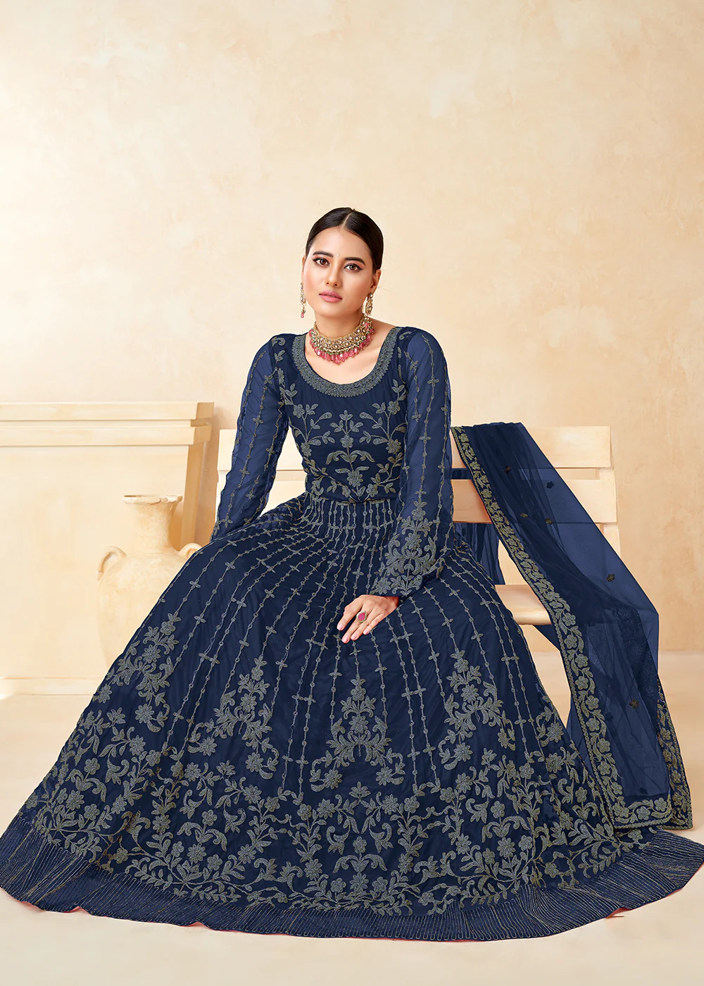 Excellent Dark Blue Net Wedding Wear Anarkali Dress - Image 3