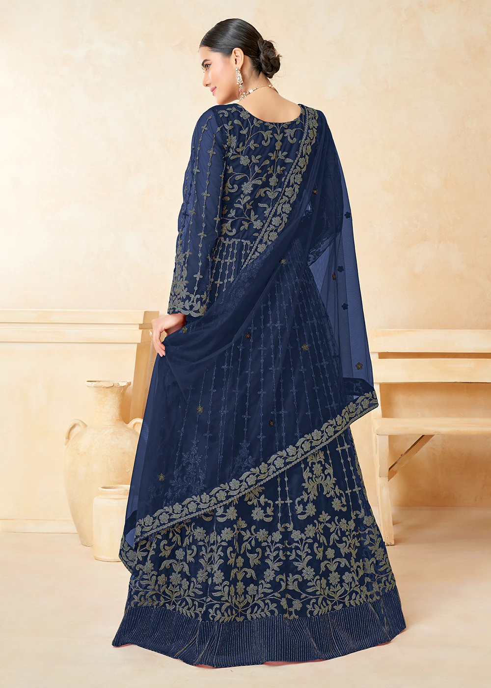 Excellent Dark Blue Net Wedding Wear Anarkali Dress - Image 4