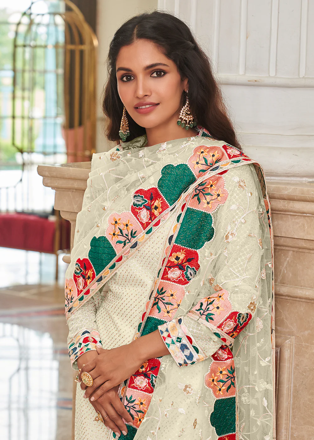 Excellent Off White Traditional Sequins Eid Wear Salwar Suit - Image 2