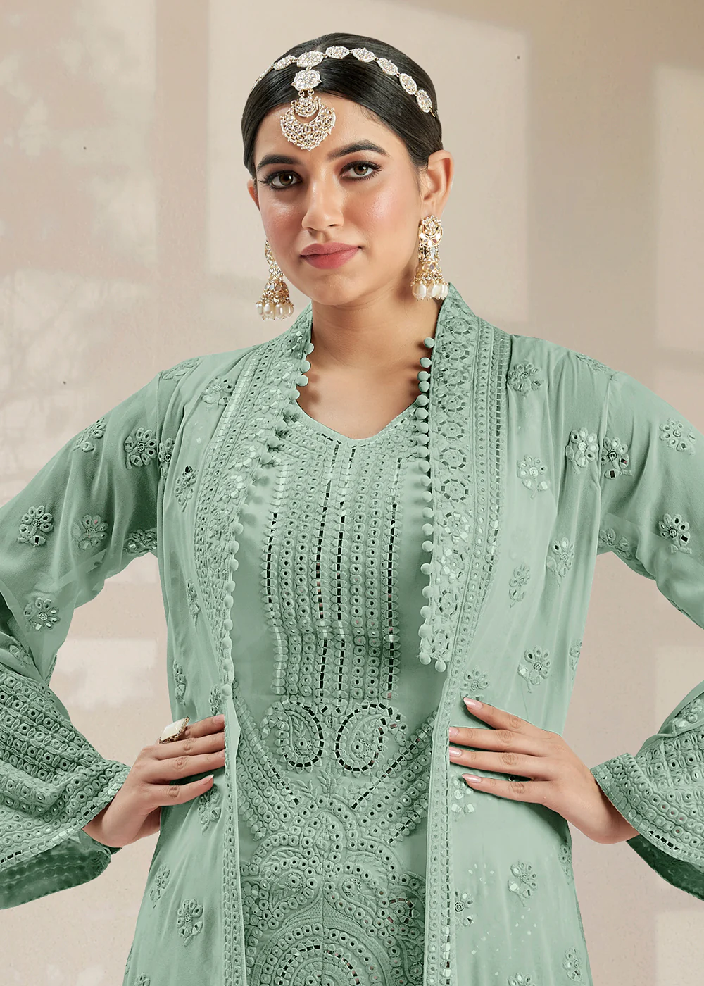 Excellent Party Style Aqua Green Jacket Style Palazzo Suit - Image 2