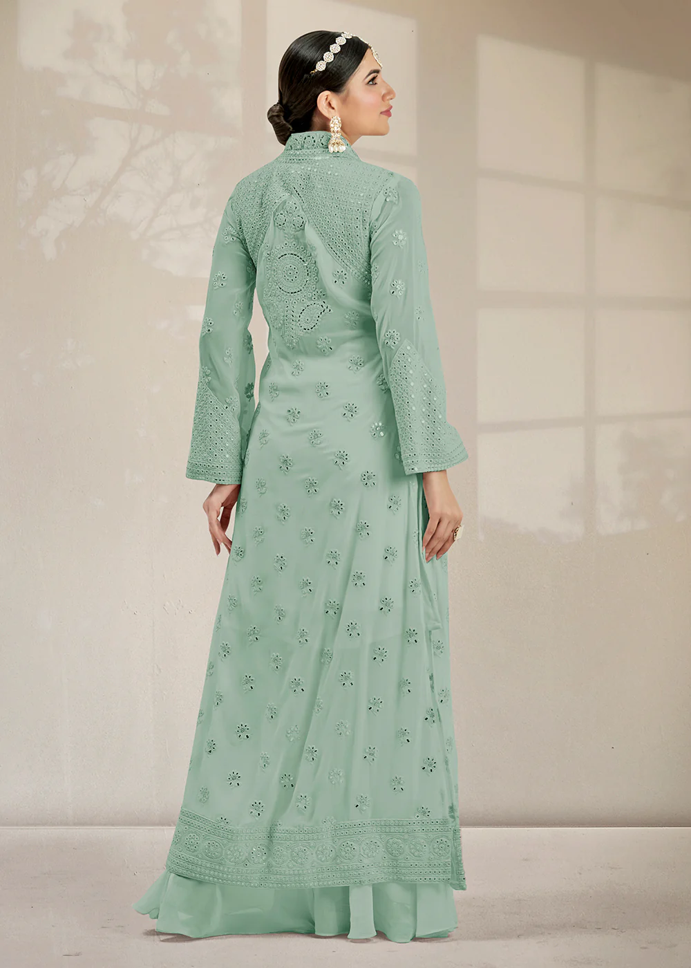 Excellent Party Style Aqua Green Jacket Style Palazzo Suit - Image 3