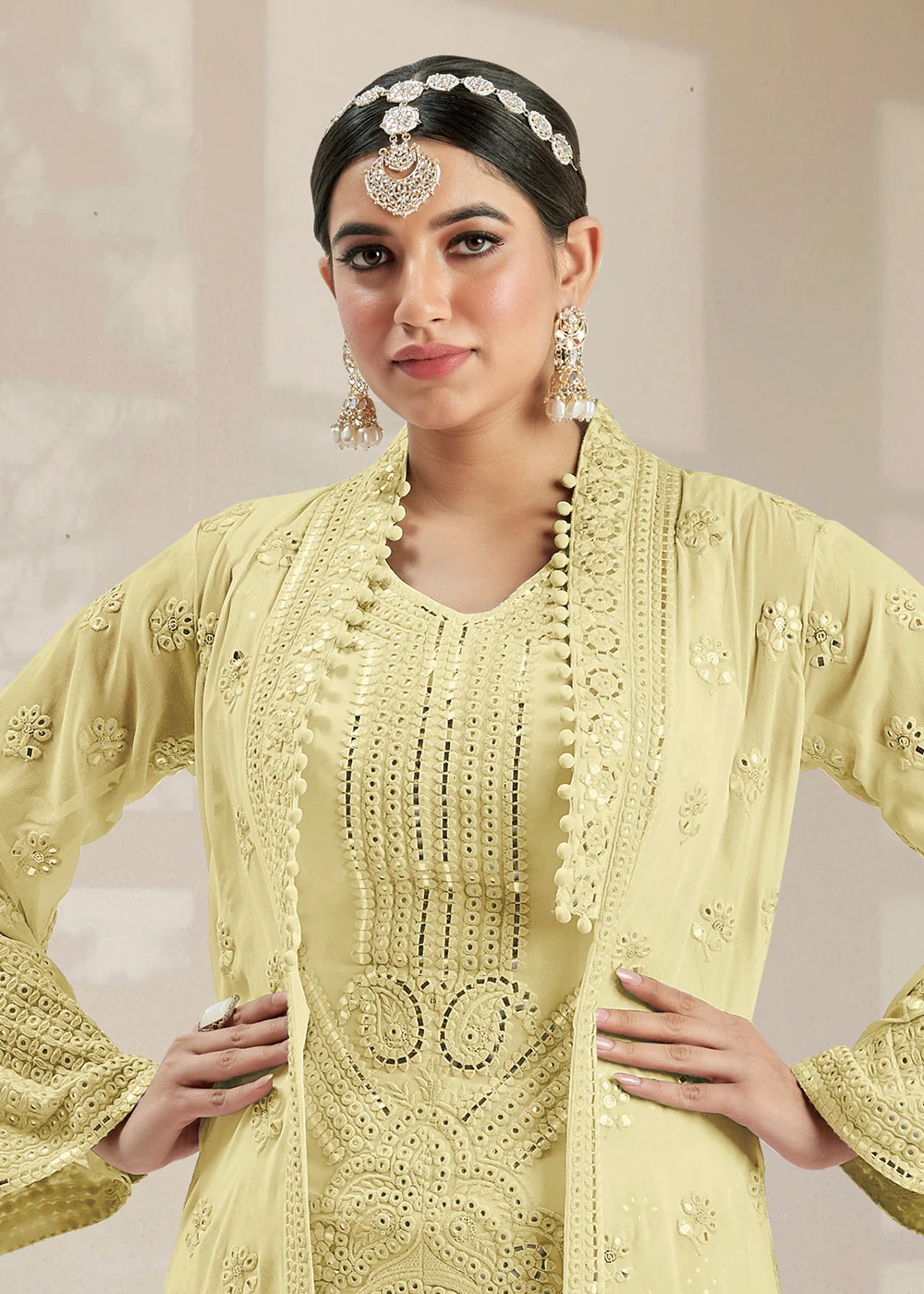Excellent Party Style Lime Yellow Jacket Style Palazzo Suit - Image 2