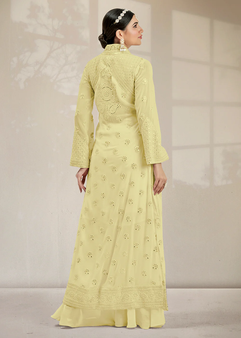 Excellent Party Style Lime Yellow Jacket Style Palazzo Suit - Image 3