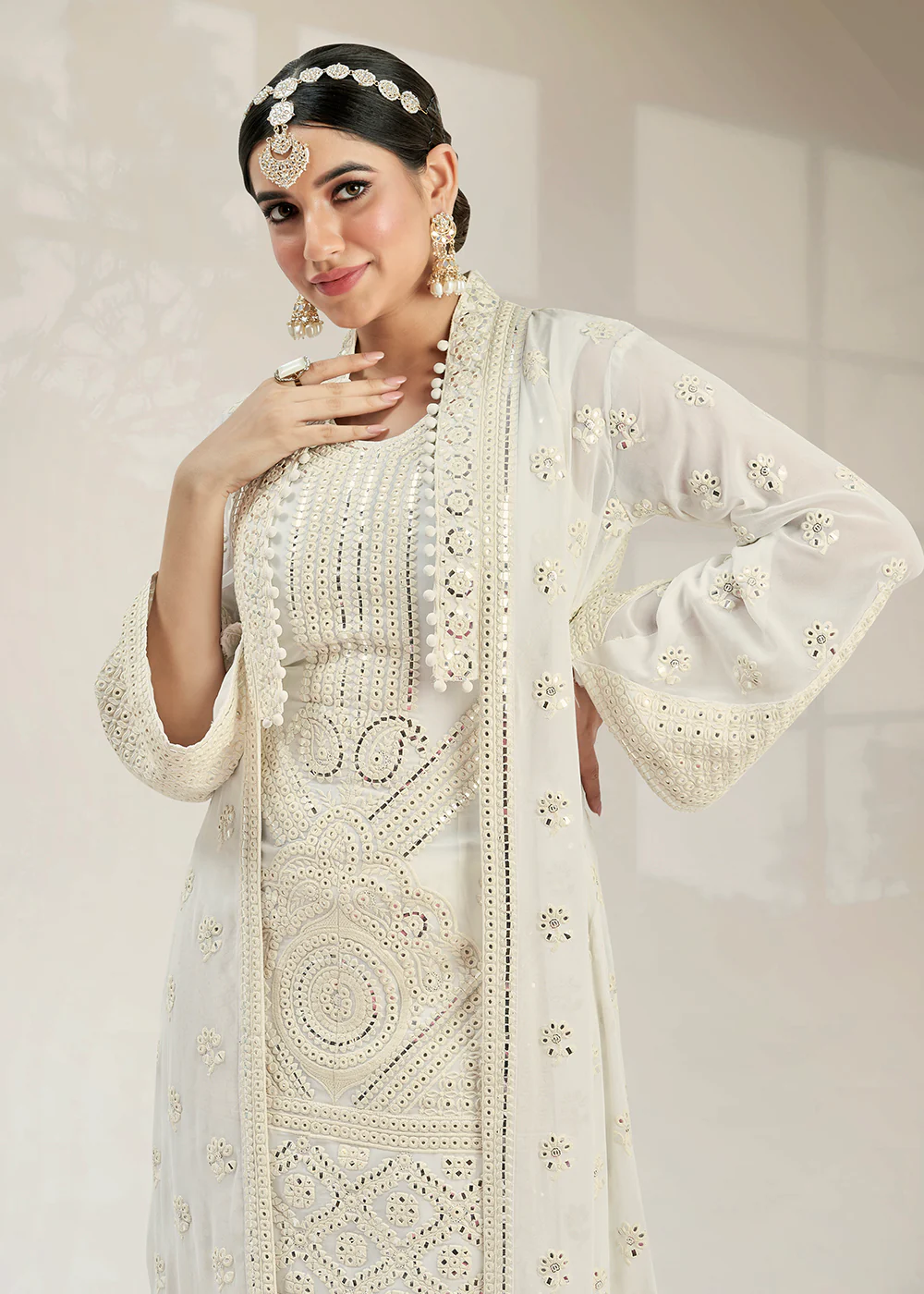 Excellent Party Style Malta White Jacket Style Palazzo Suit - Image 2