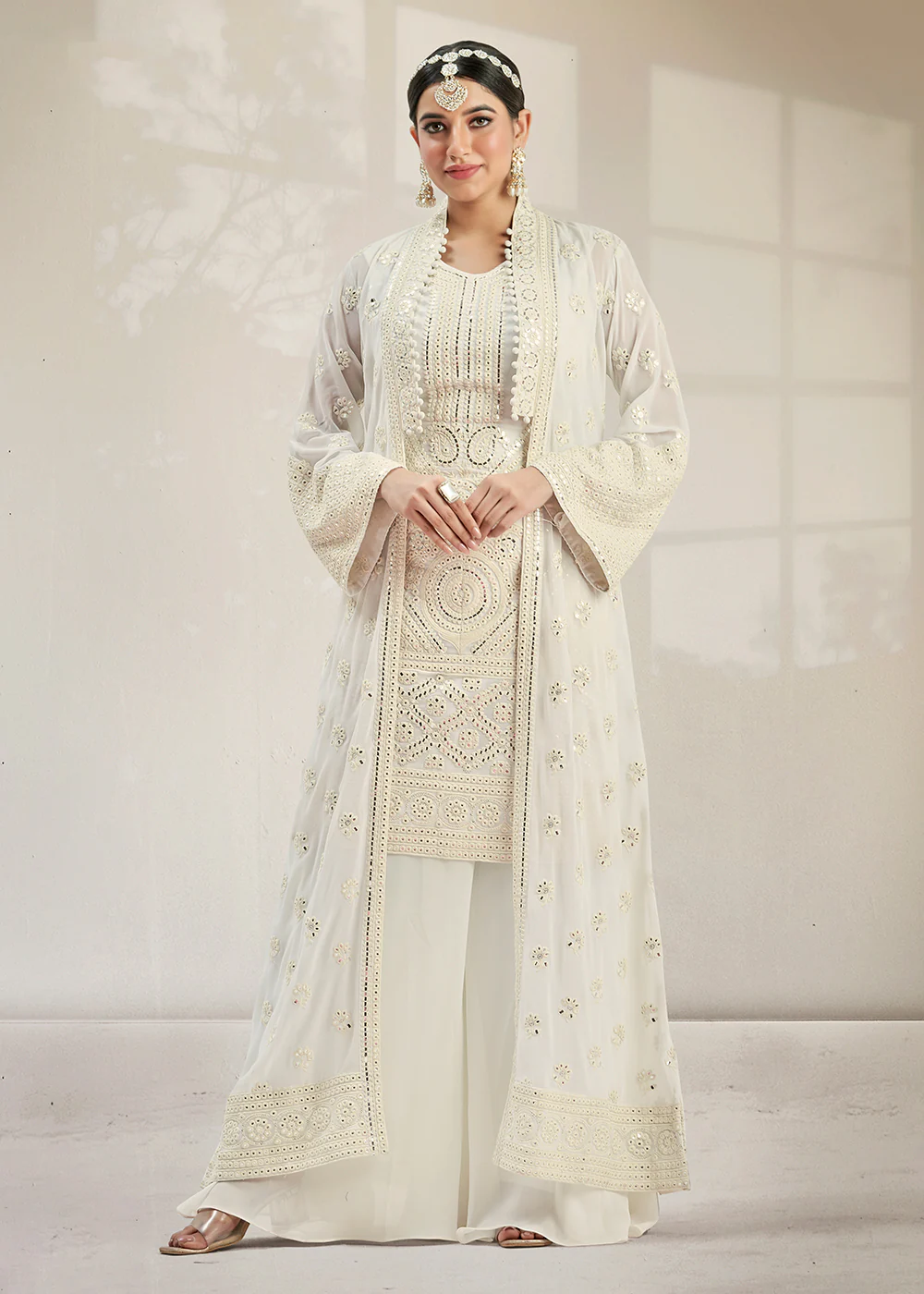 Excellent Party Style Malta White Jacket Style Palazzo Suit - Image 4