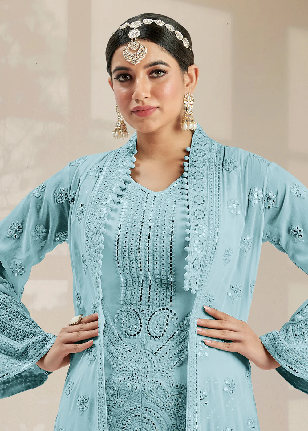 Excellent Party Style Sky Blue Jacket Style Palazzo Suit - Image 2