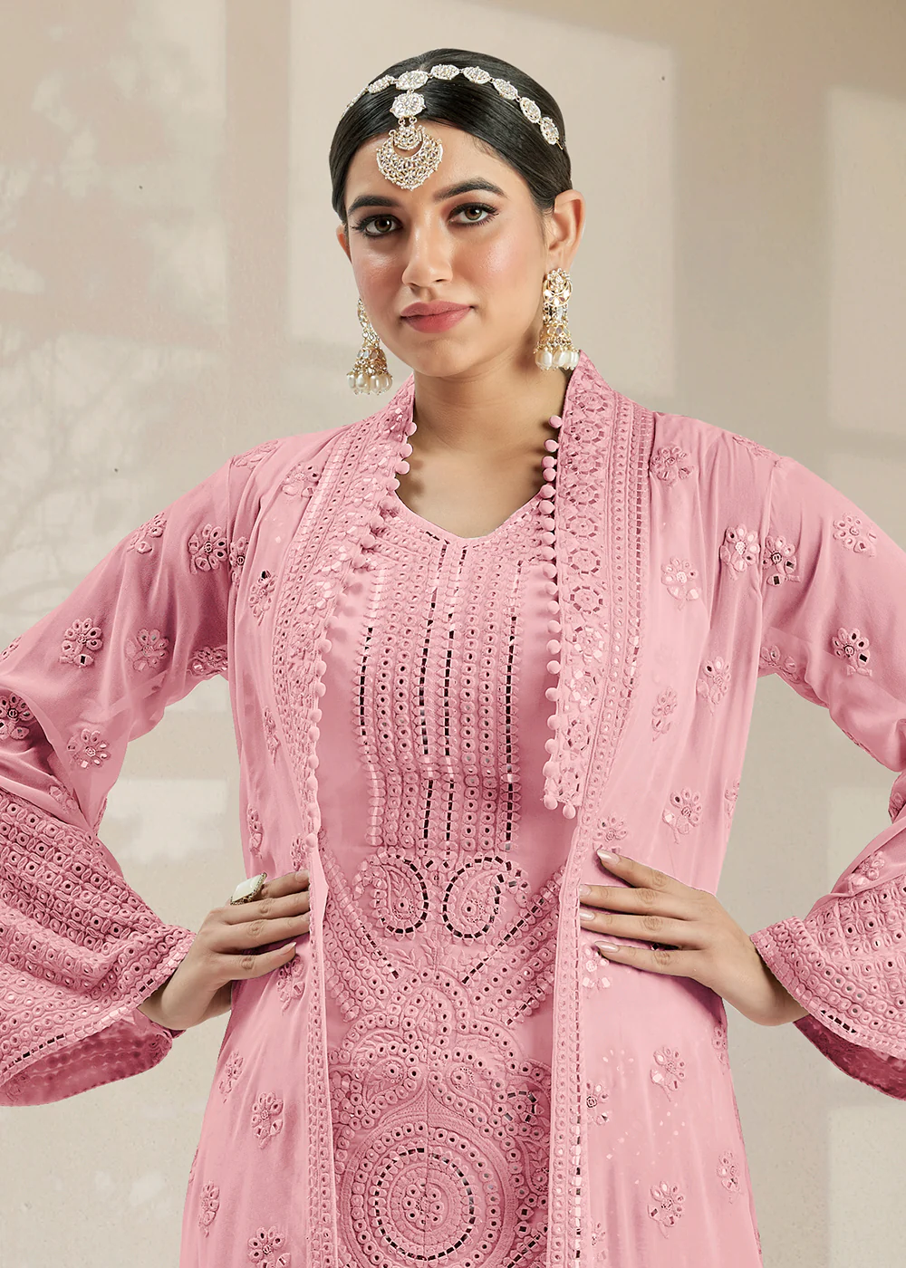 Excellent Party Style Soft Pink Jacket Style Palazzo Suit - Image 2