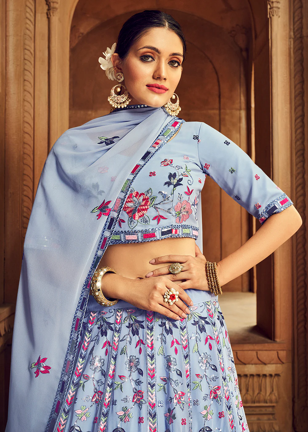 Excellent Sky Blue Bridesmaid Georgette Wedding Lehenga Choli - Image 2