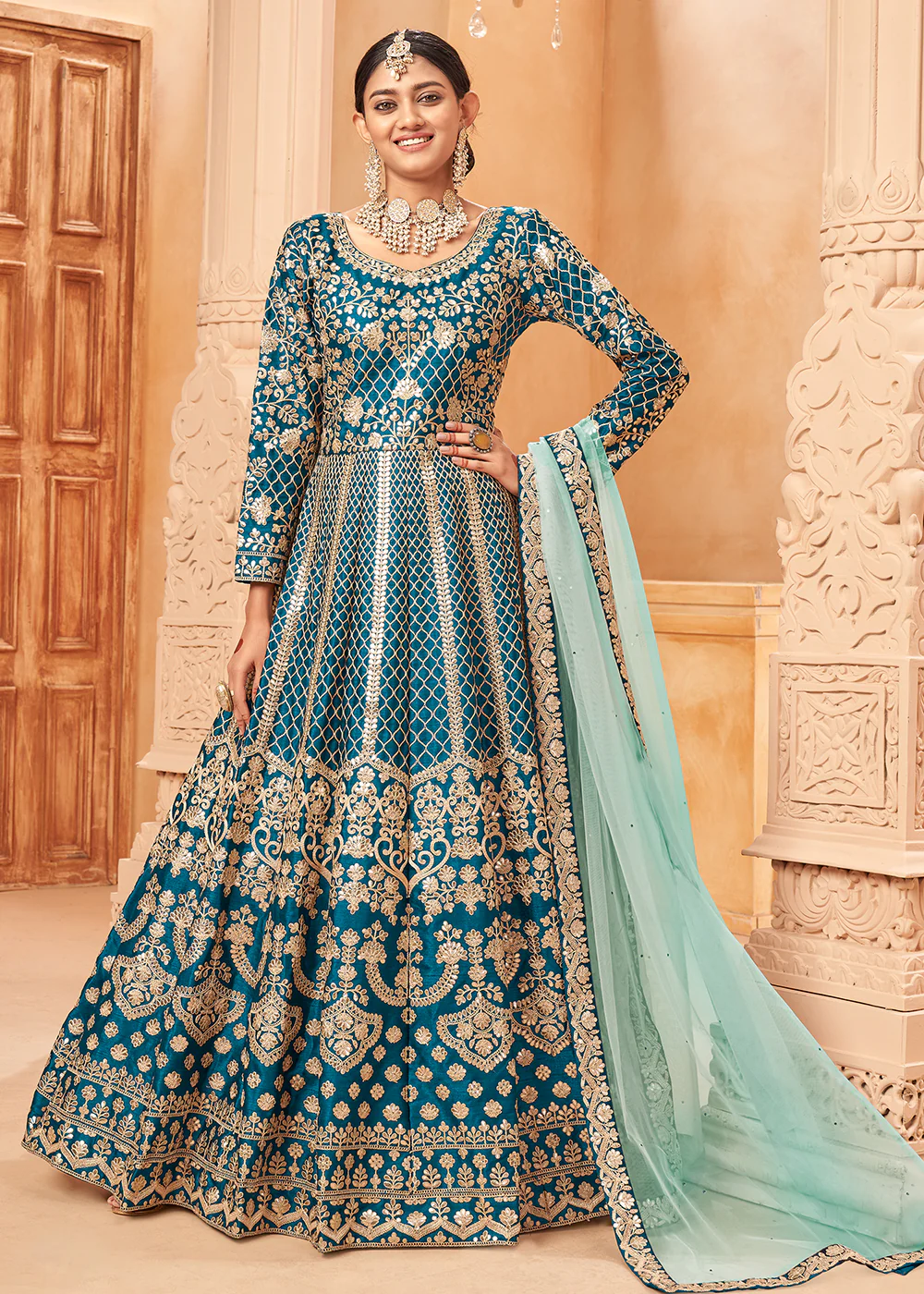 Excellent Teal Blue & Gold Embroidered Silk Anarkali Suit - Image 3