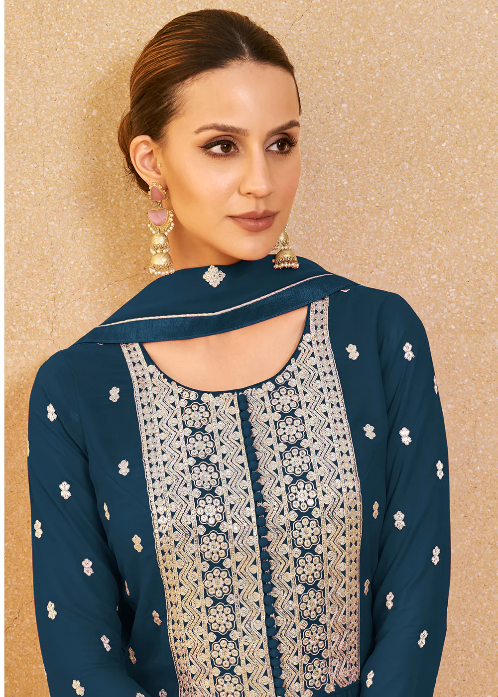 Excellent Teal Blue Real Georgette Palazzo Style Salwar Suit - Image 2