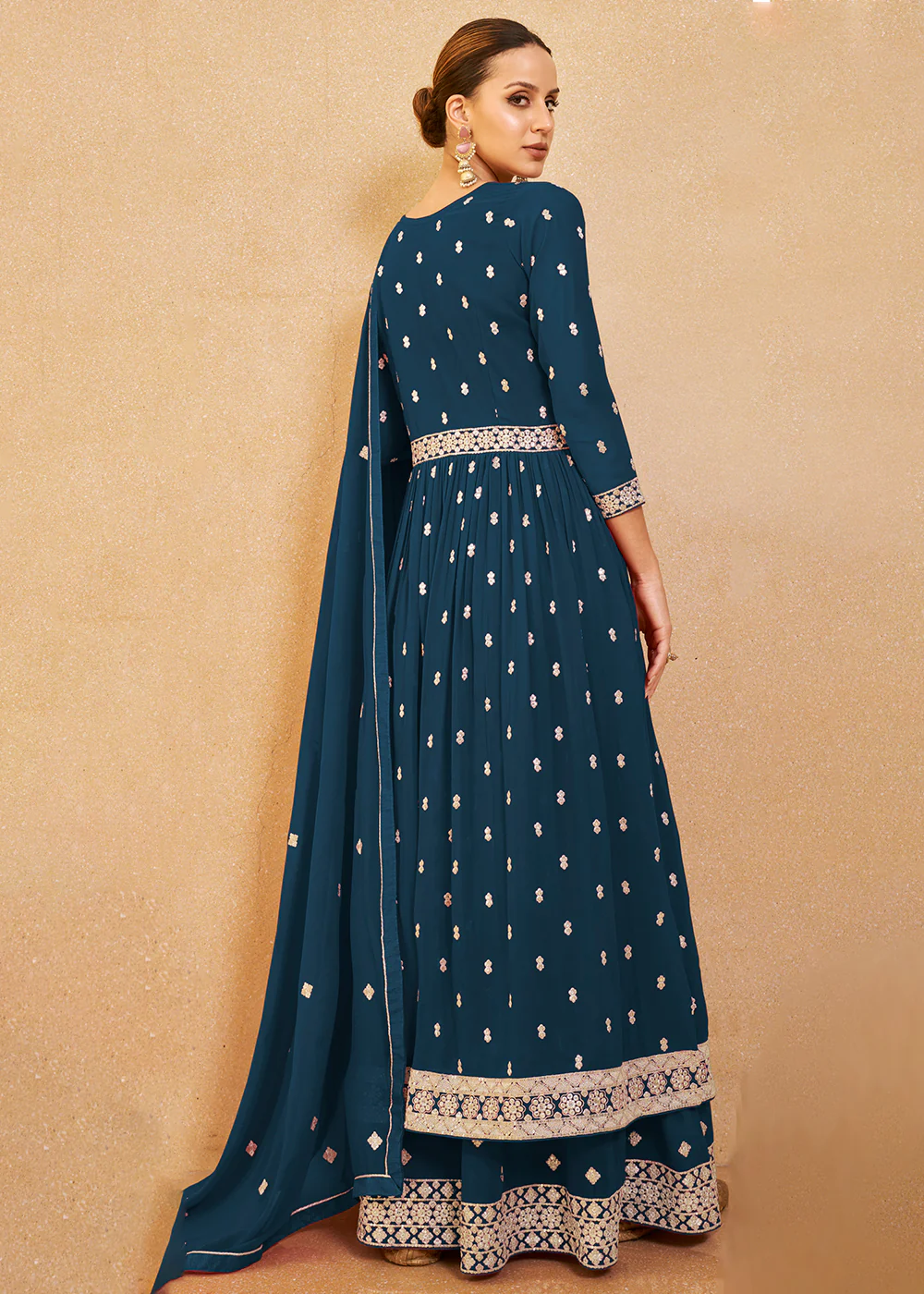 Excellent Teal Blue Real Georgette Palazzo Style Salwar Suit - Image 3