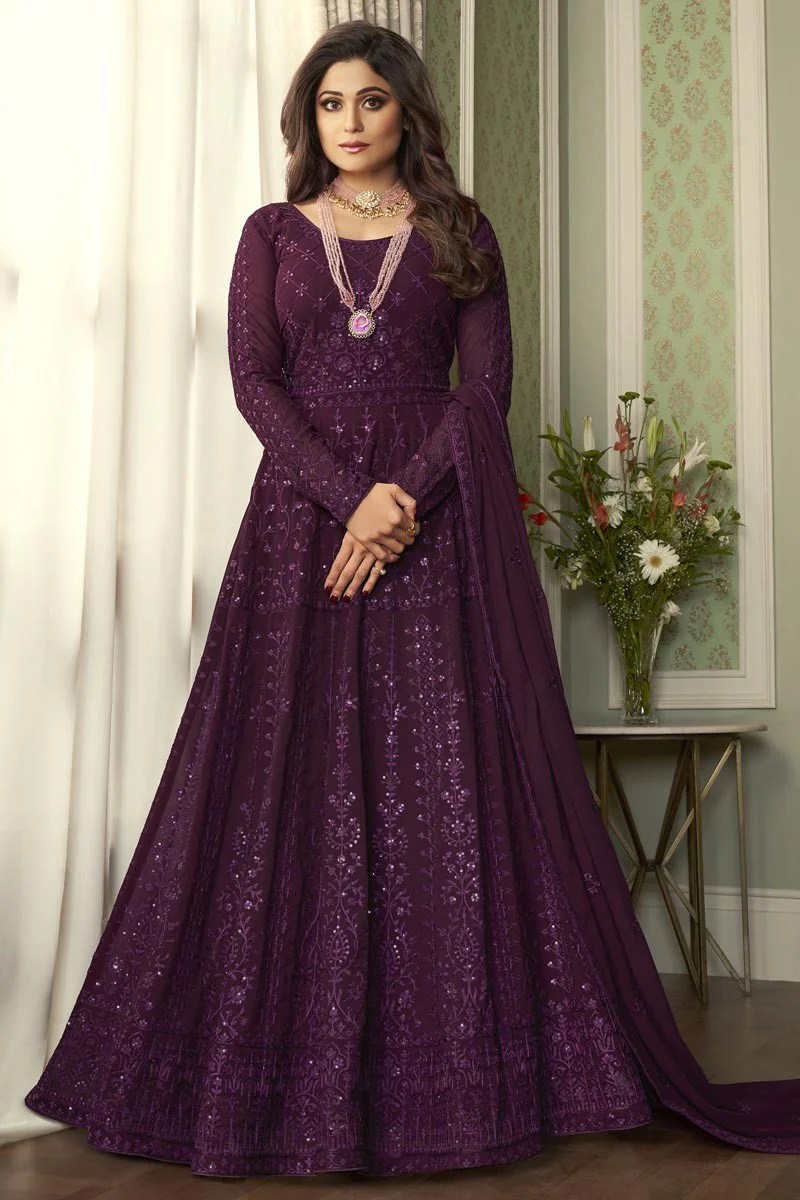 Exciting Purple Shamita Shetty Embroidered Georgette Anarkali Suit