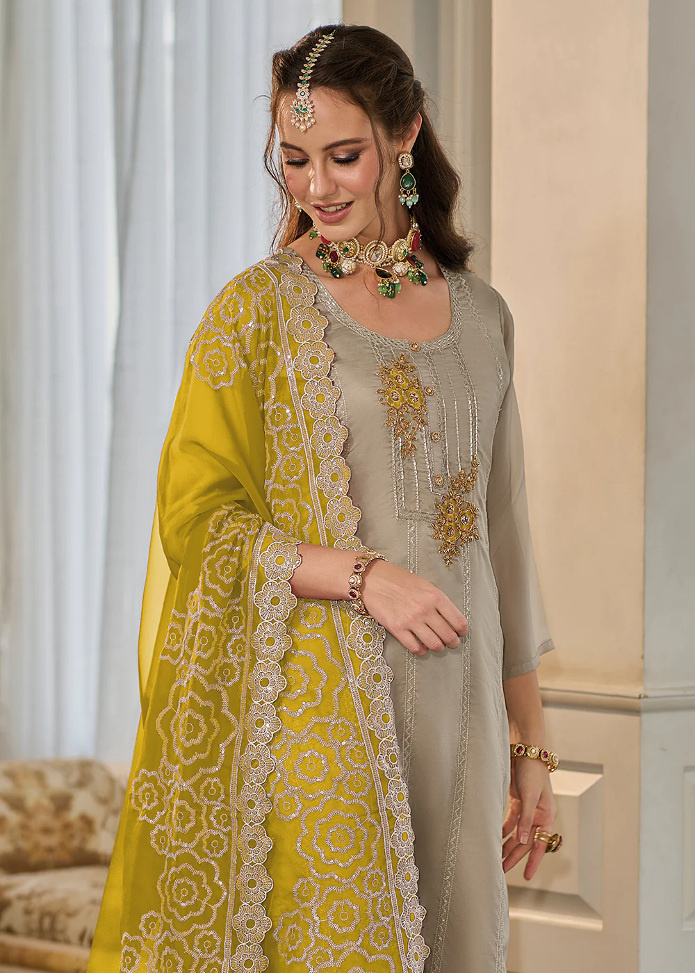 Exclusive Beige Soft Organza Embroidered Eid Wear Salwar Suit - Image 2
