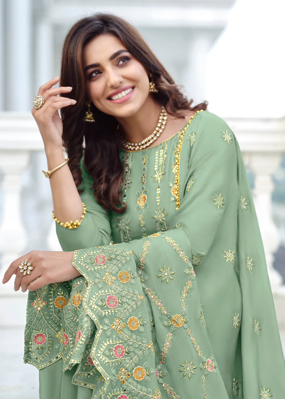 Exclusive Embroidered Green Chinon Palazzo Salwar Suit - Image 2