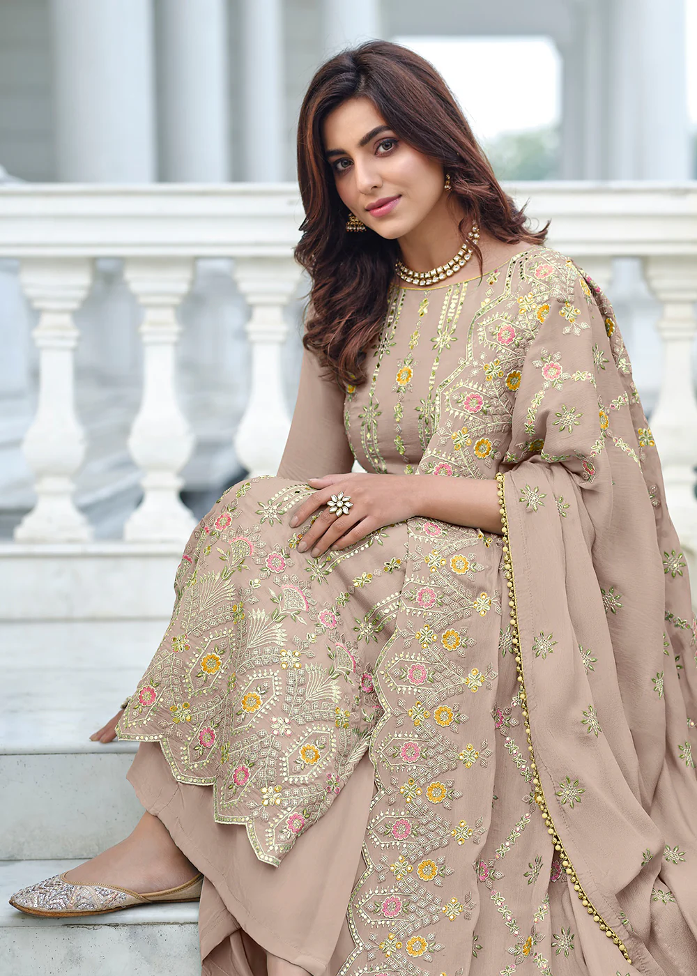 Exclusive Embroidered Grey Chinon Palazzo Salwar Suit - Image 2