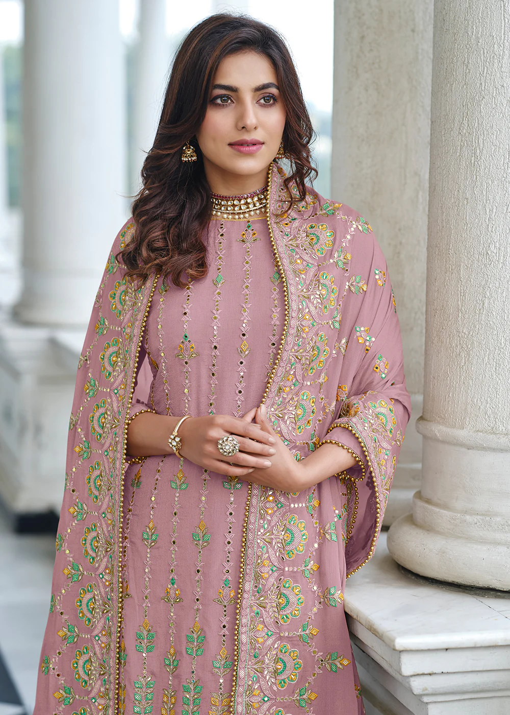 Exclusive Embroidered Pink Chinon Palazzo Salwar Suit - Image 2