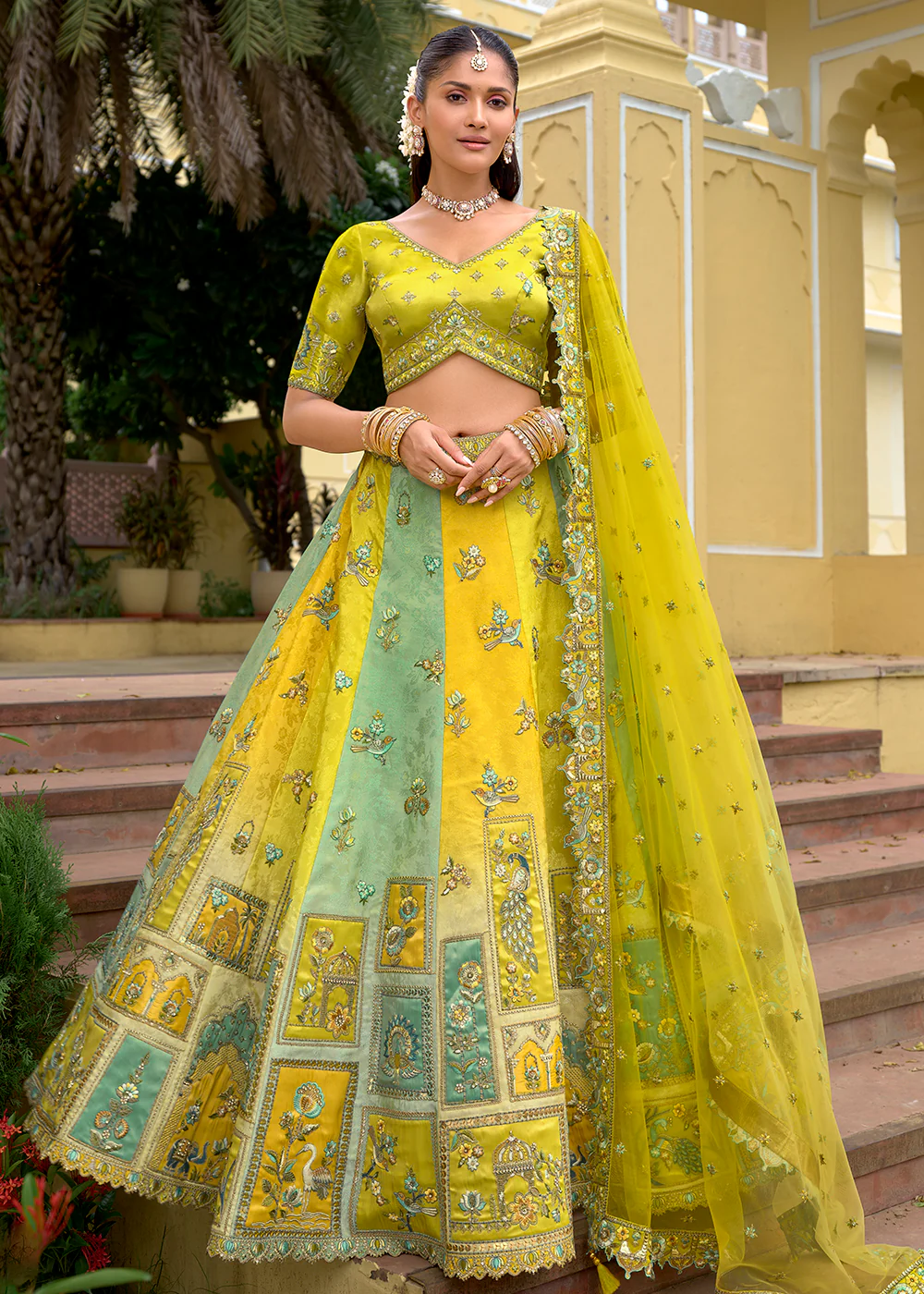 Exclusive Green & Yellow Silk Bridal Designer Lehenga Choli