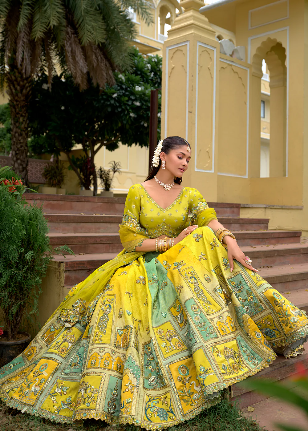 Exclusive Green & Yellow Silk Bridal Designer Lehenga Choli - Image 2